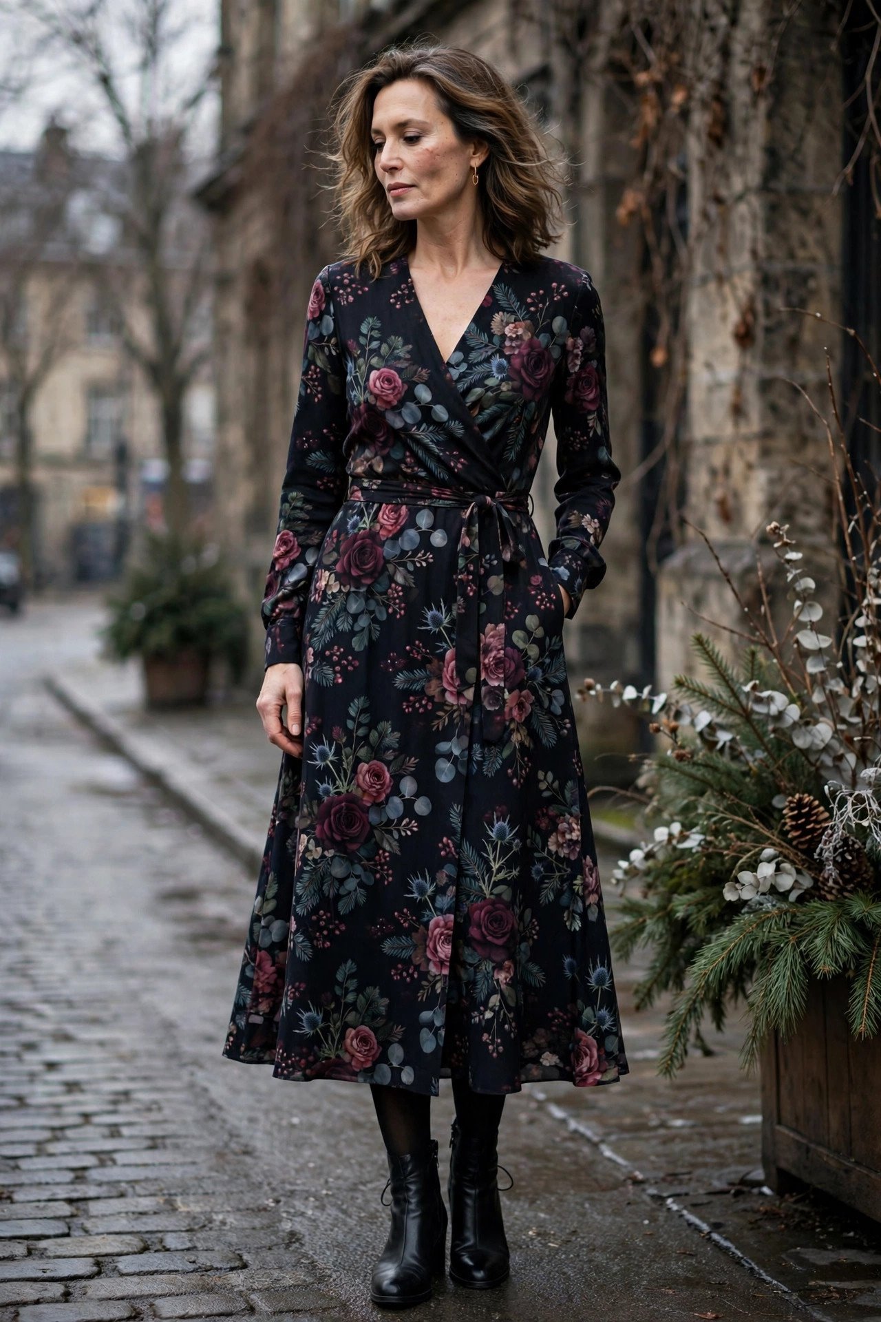 Woman over 40 in dark floral midi dress