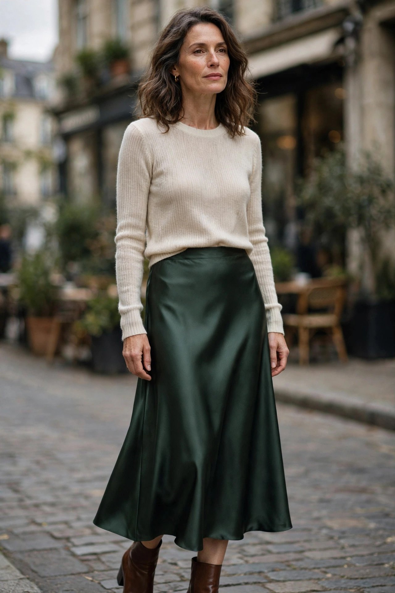 Woman over 40 in satin skirt and fine-knit sweater