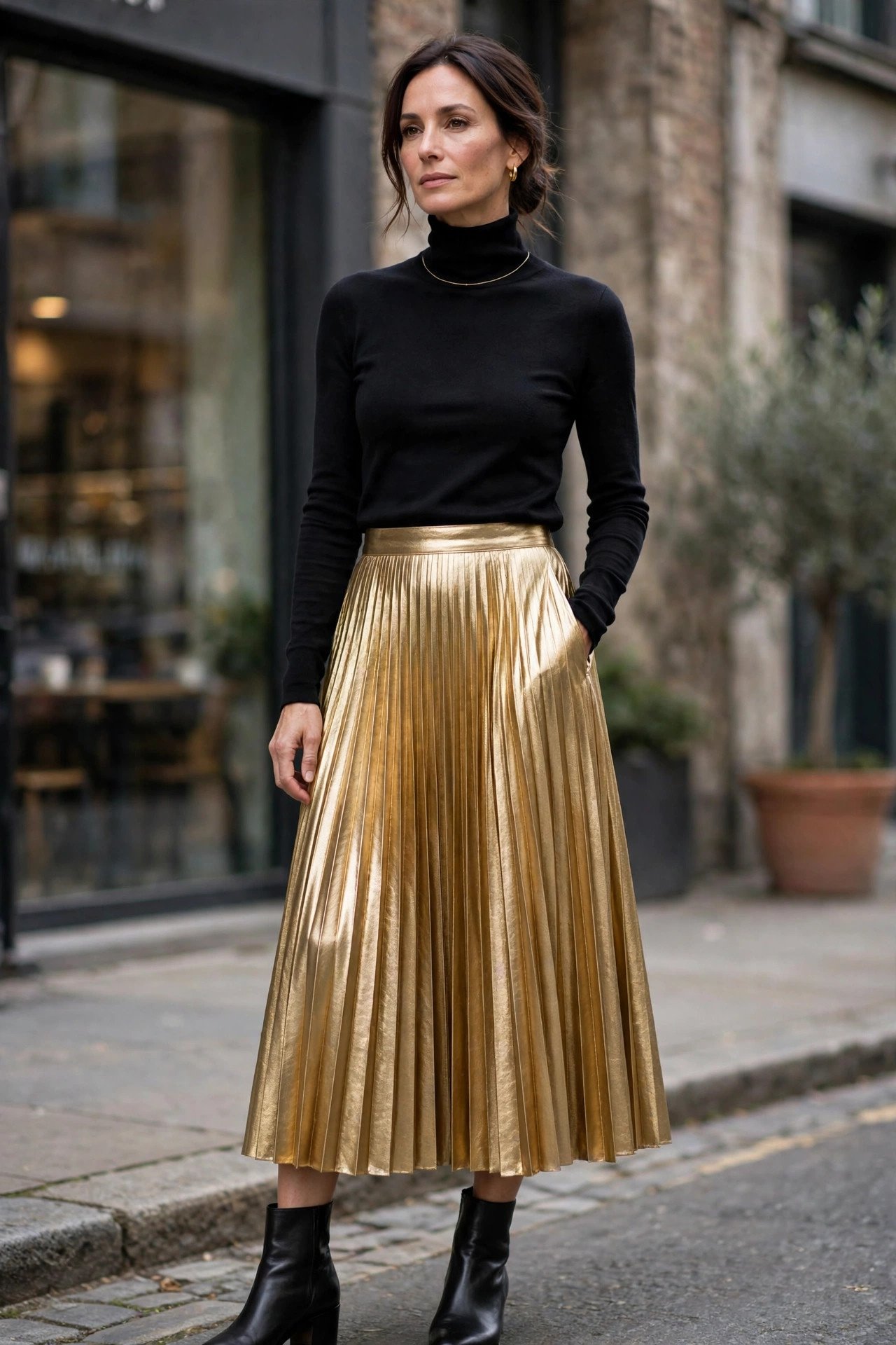 Gold Metallic Pleated Midi Skirt
