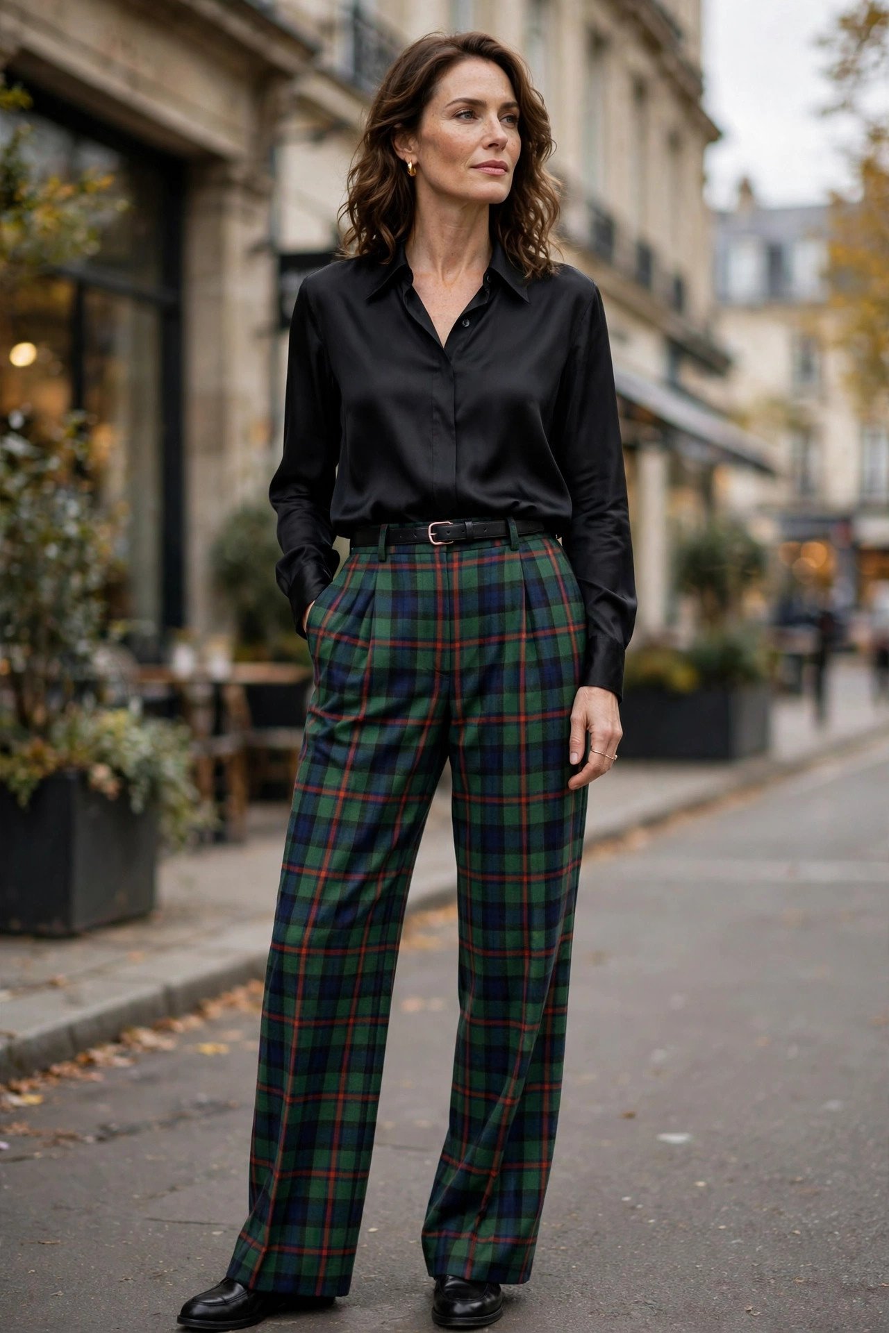 Tartan Trousers and Black Silk Shirt