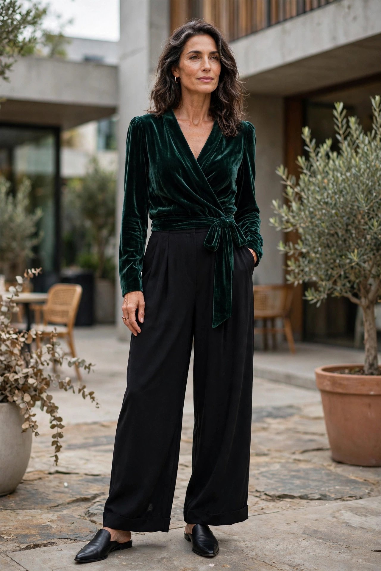 Velvet Wrap Top and Black Palazzos