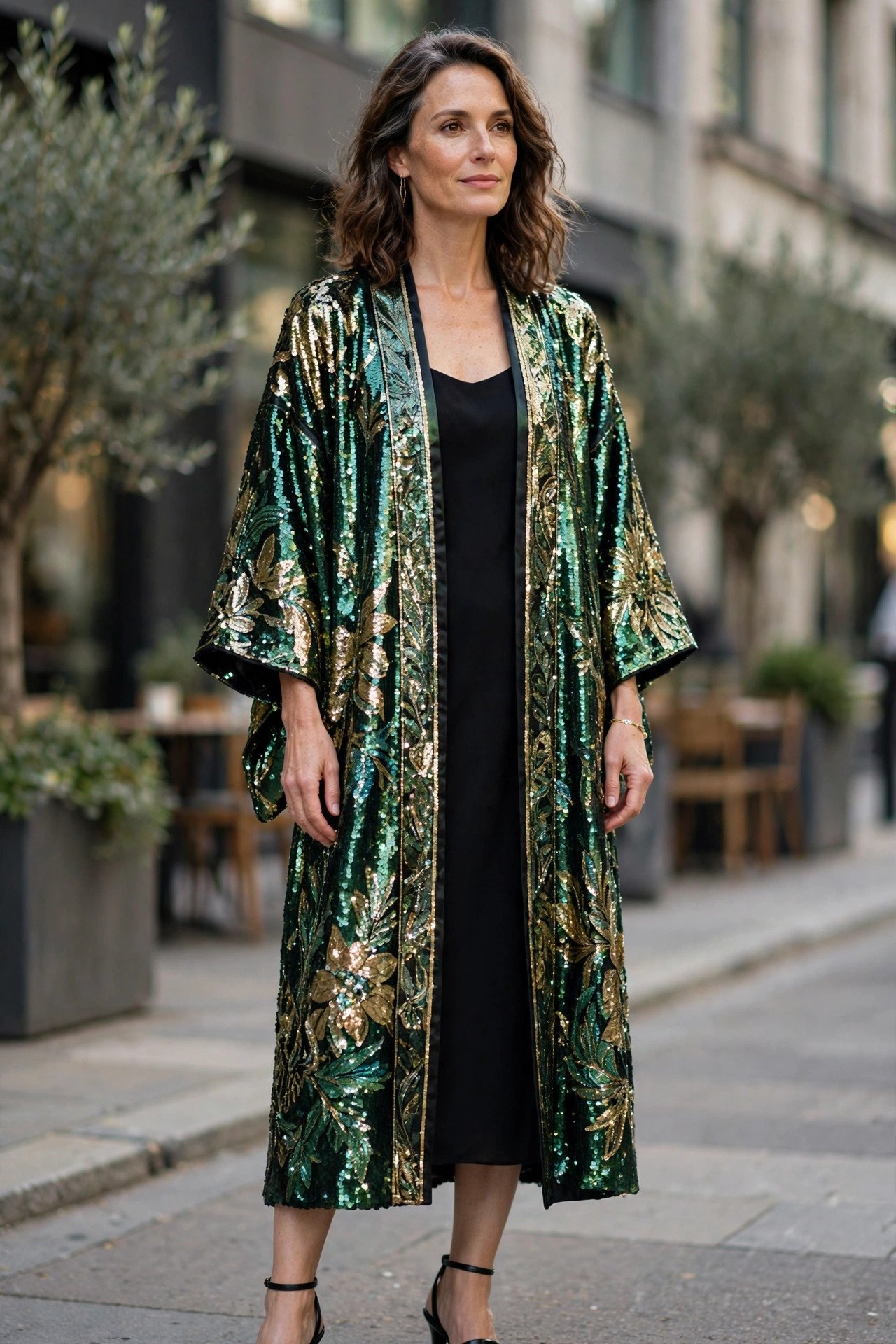 Sequin Kimono Over Black Dress