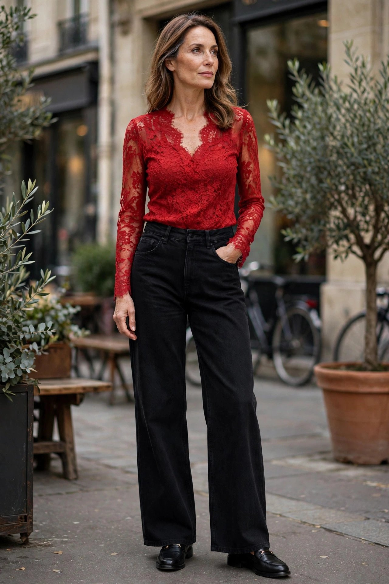 Red Lace Top and Black Wide-Leg Jeans
