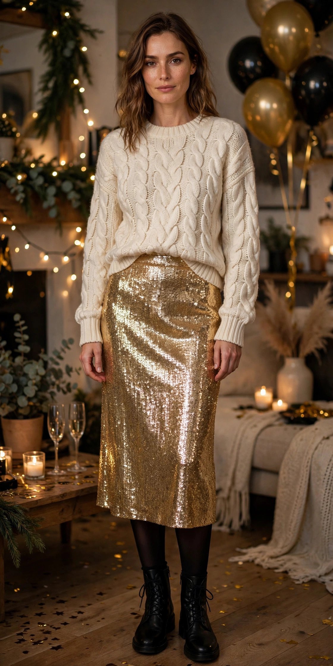 Cream Cable-Knit Sweater and Sequin Midi Skirt