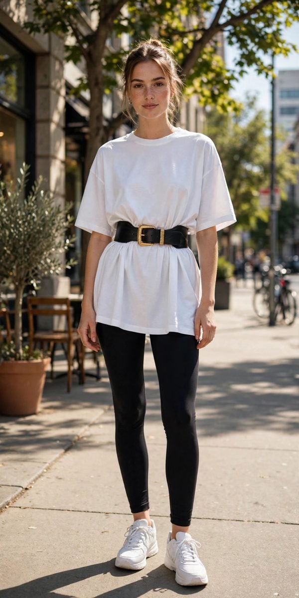 Woman in black leggings, white tee and statement belt