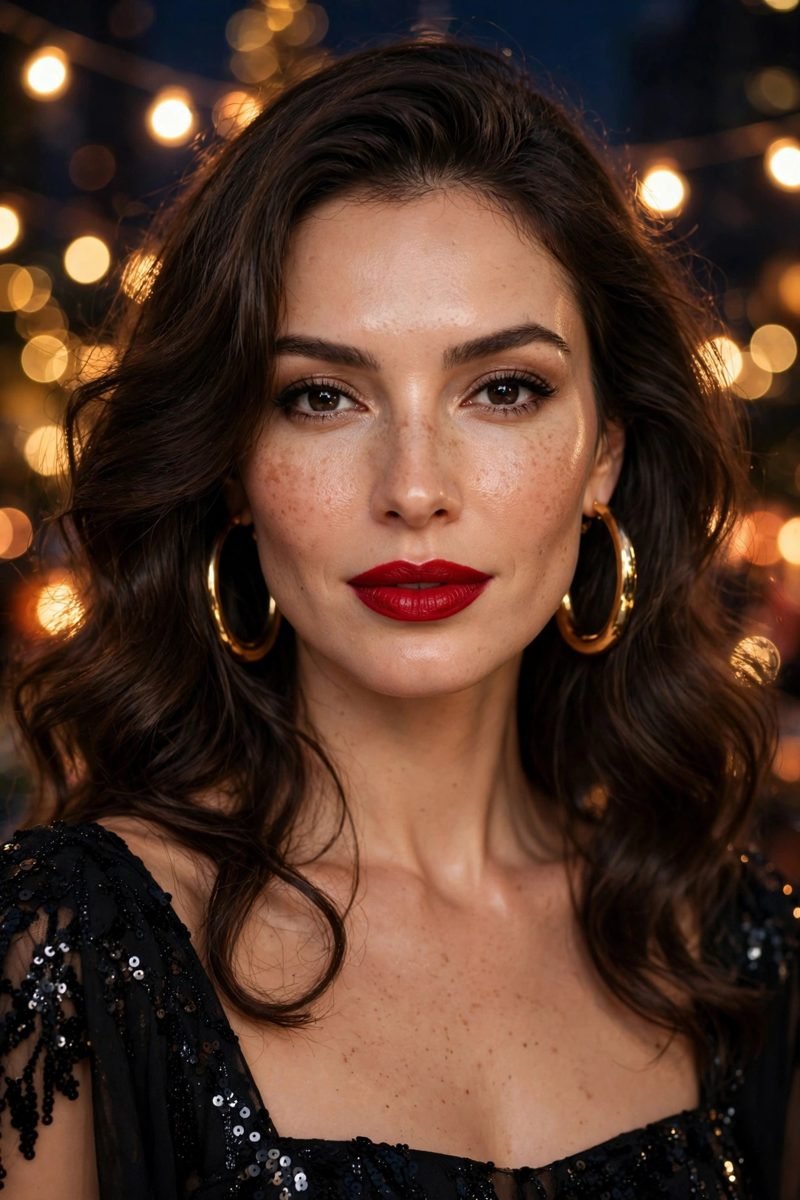 Woman with red lipstick and gold hoops