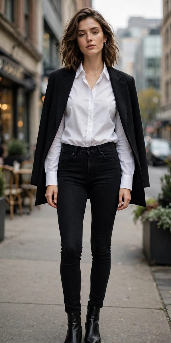 Woman in white button-down, black jeans and blazer