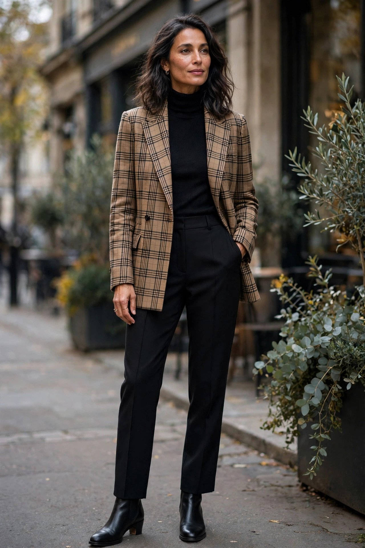 Plaid Blazer and Turtleneck Combo