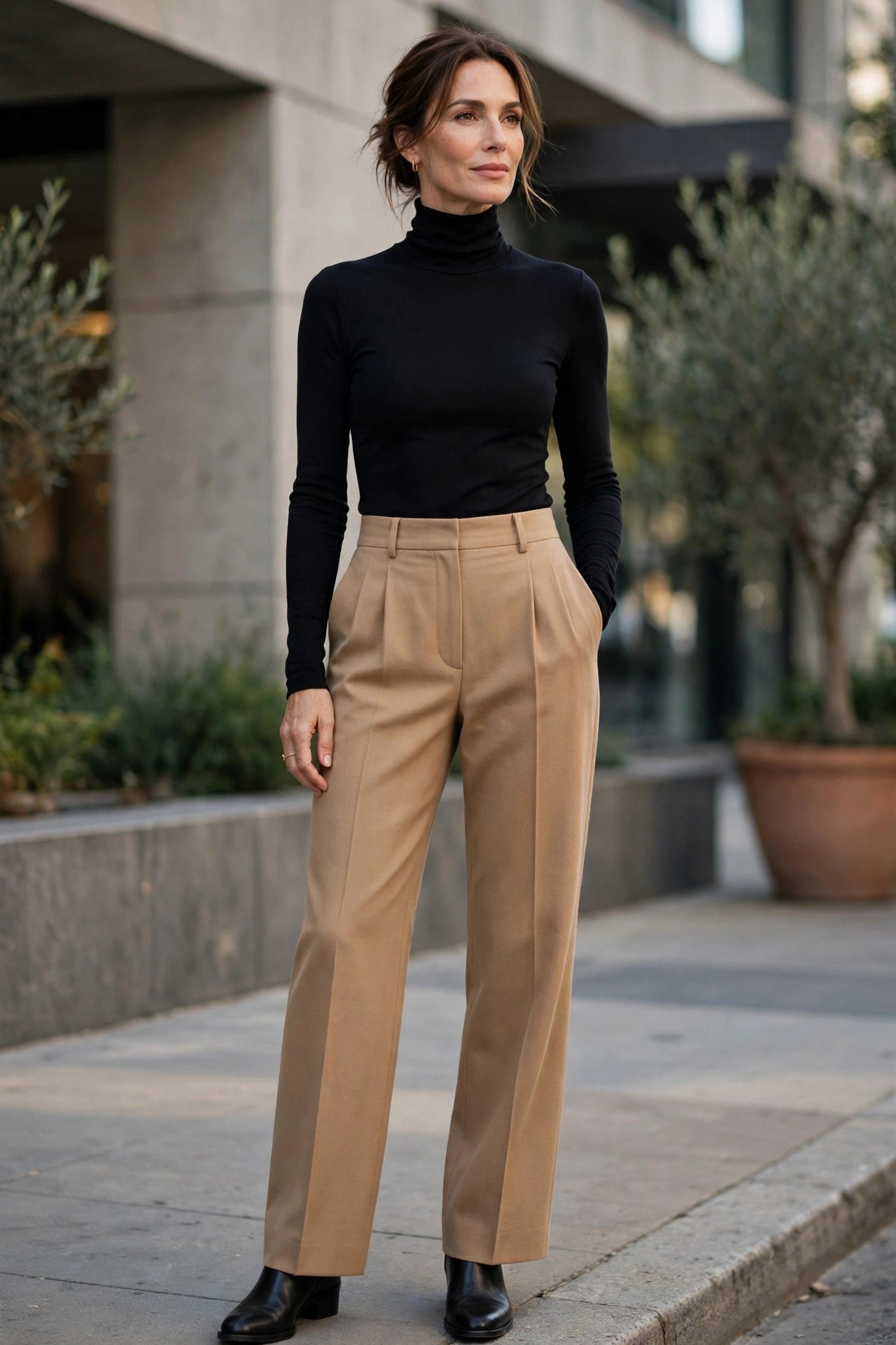 Turtleneck Bodysuit and High-Waisted Trousers