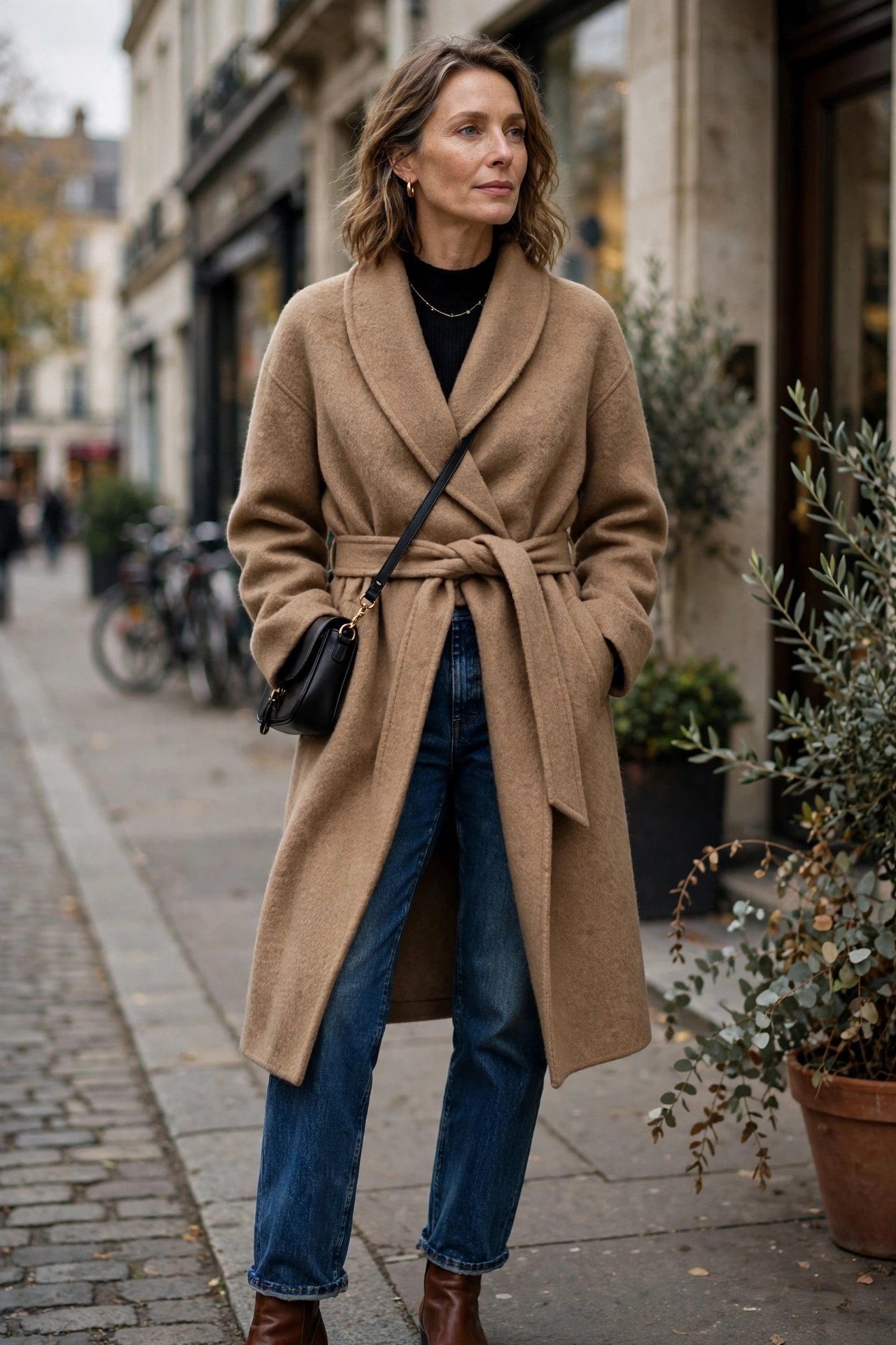 Wool Wrap Coat and Jeans