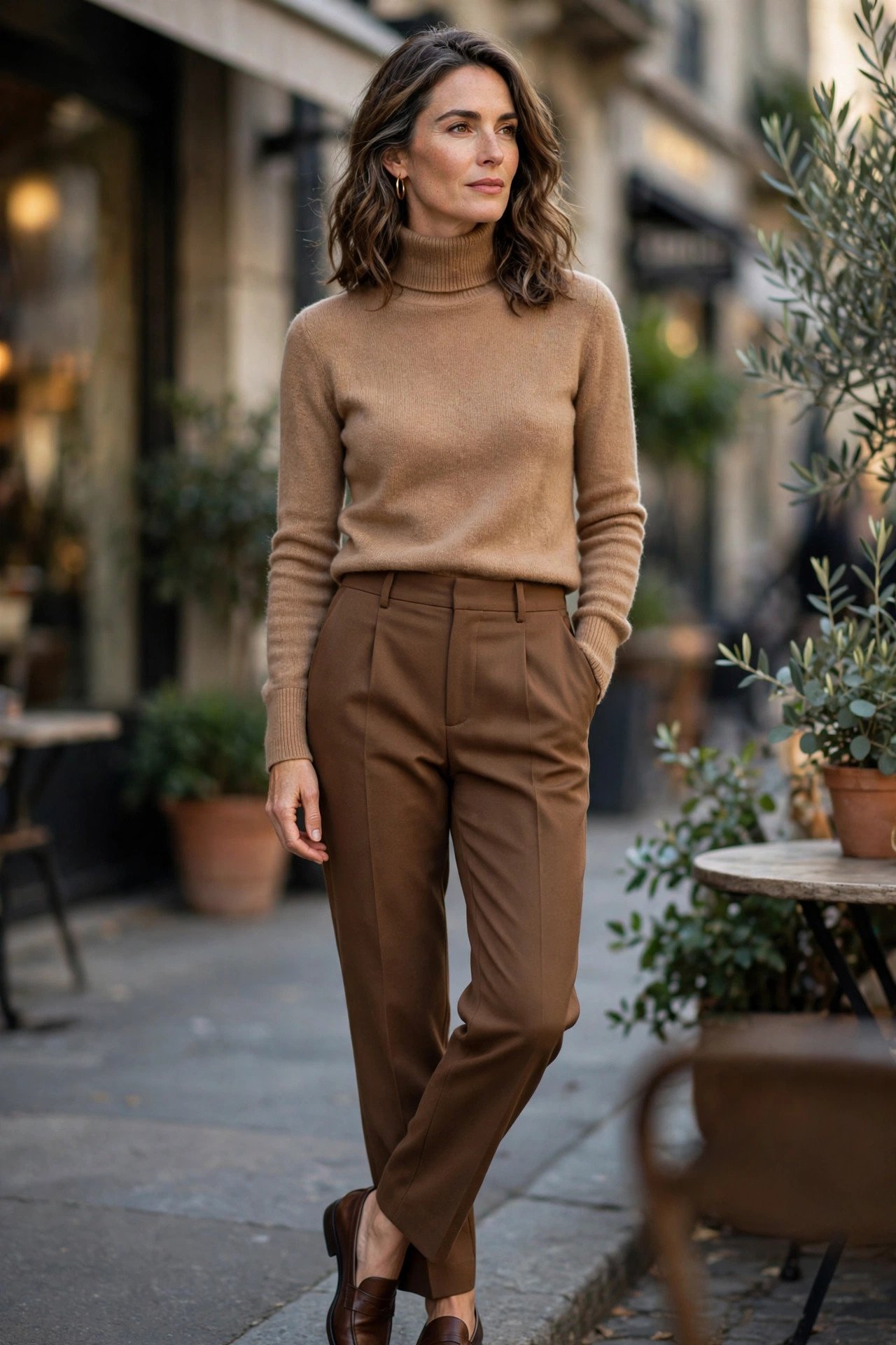 Camel Turtleneck and Brown Trousers
