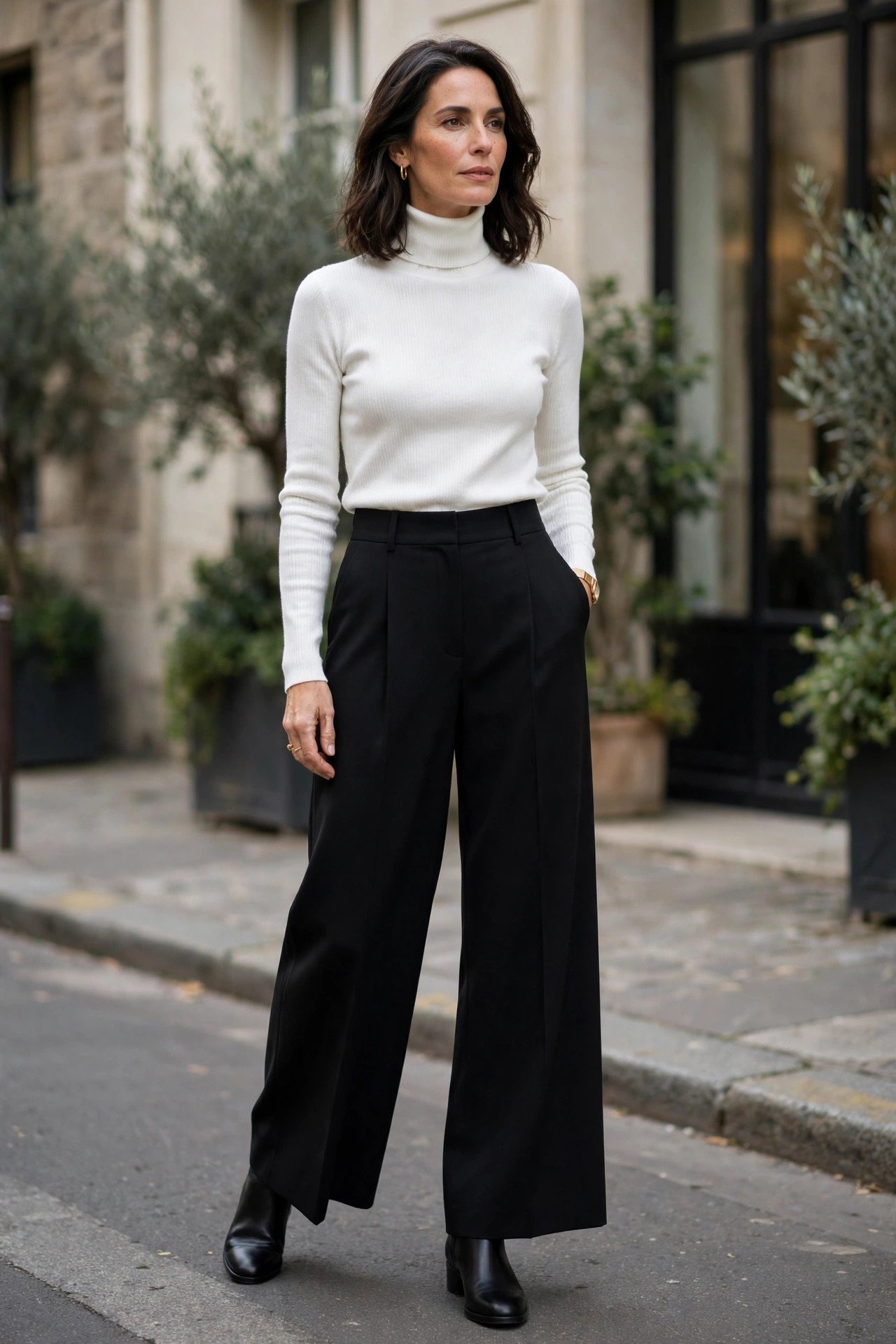 White Turtleneck and Black Wide-Leg Pants