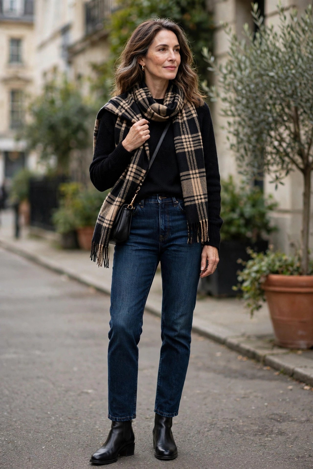 Black Sweater and Plaid Scarf