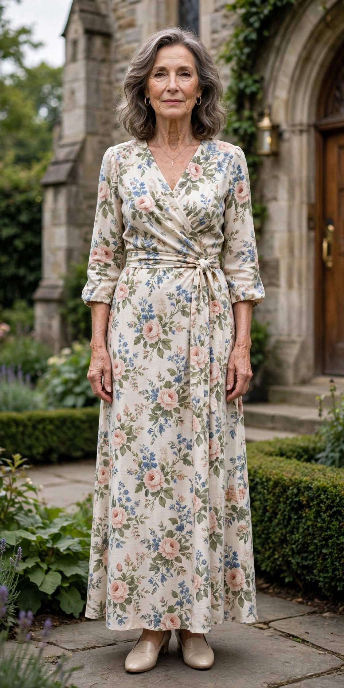 elegant woman in a blue floral dress