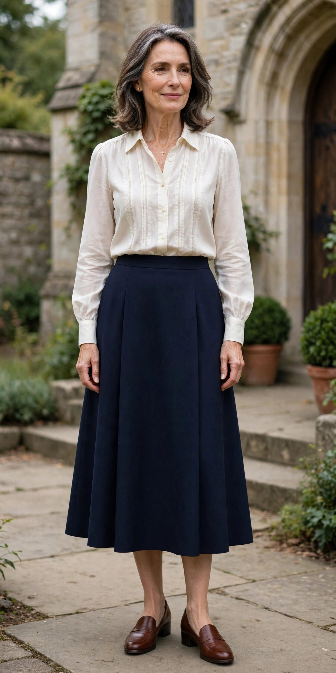 mature woman in an elegant ivory blouse and skirt