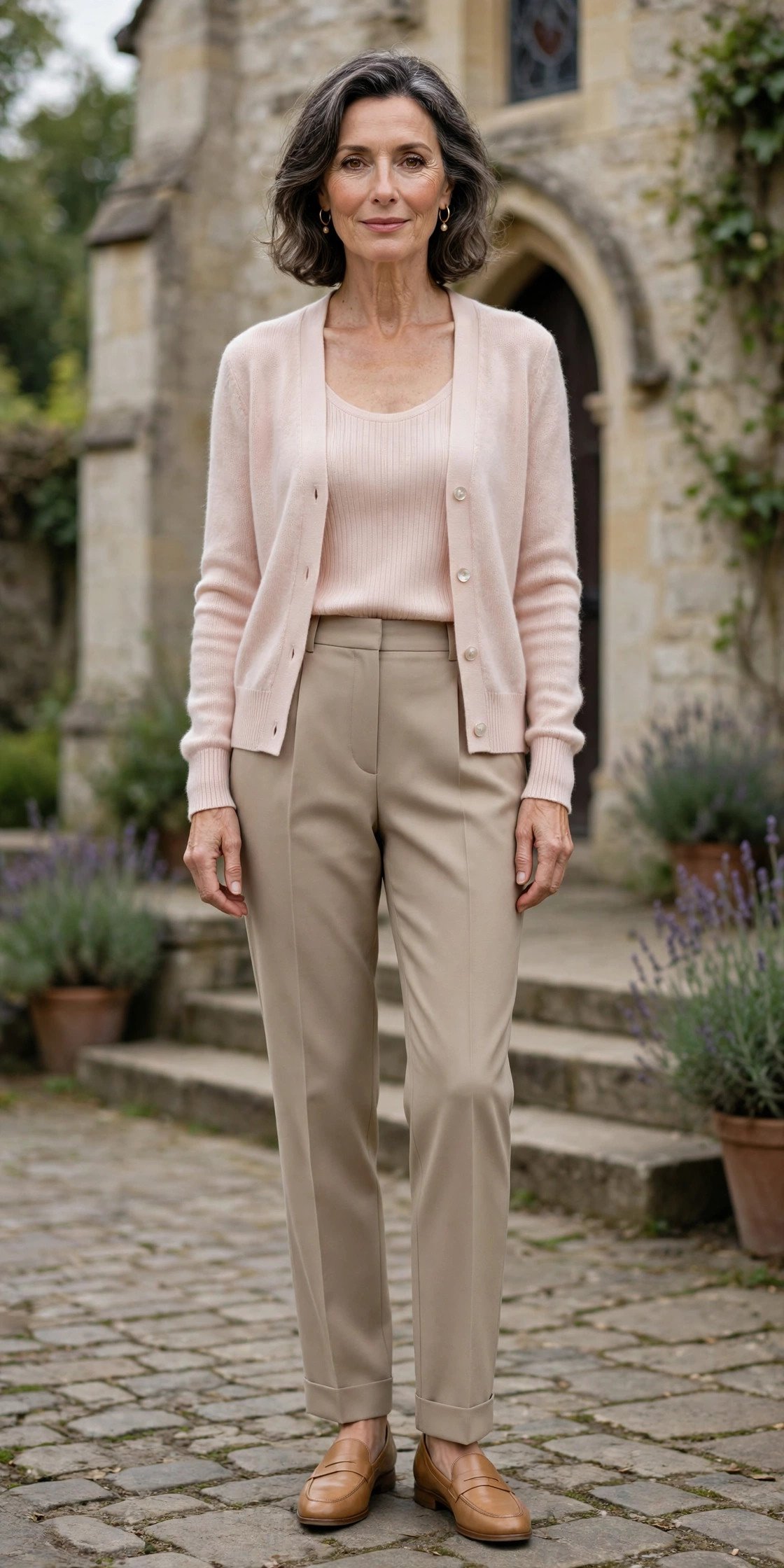 mature woman in a soft knit twinset outfit