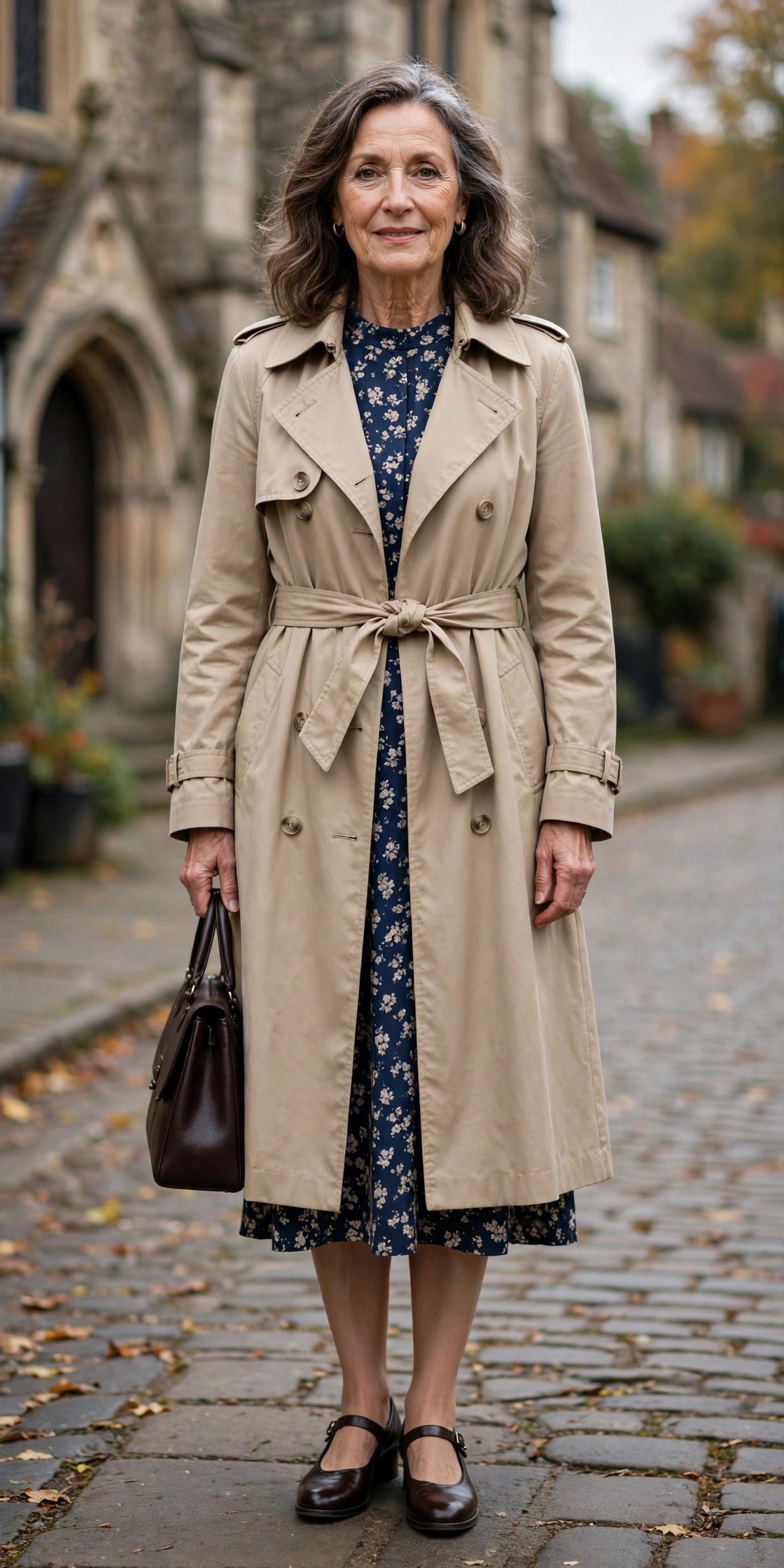 mature woman in a classic trench coat over a dress