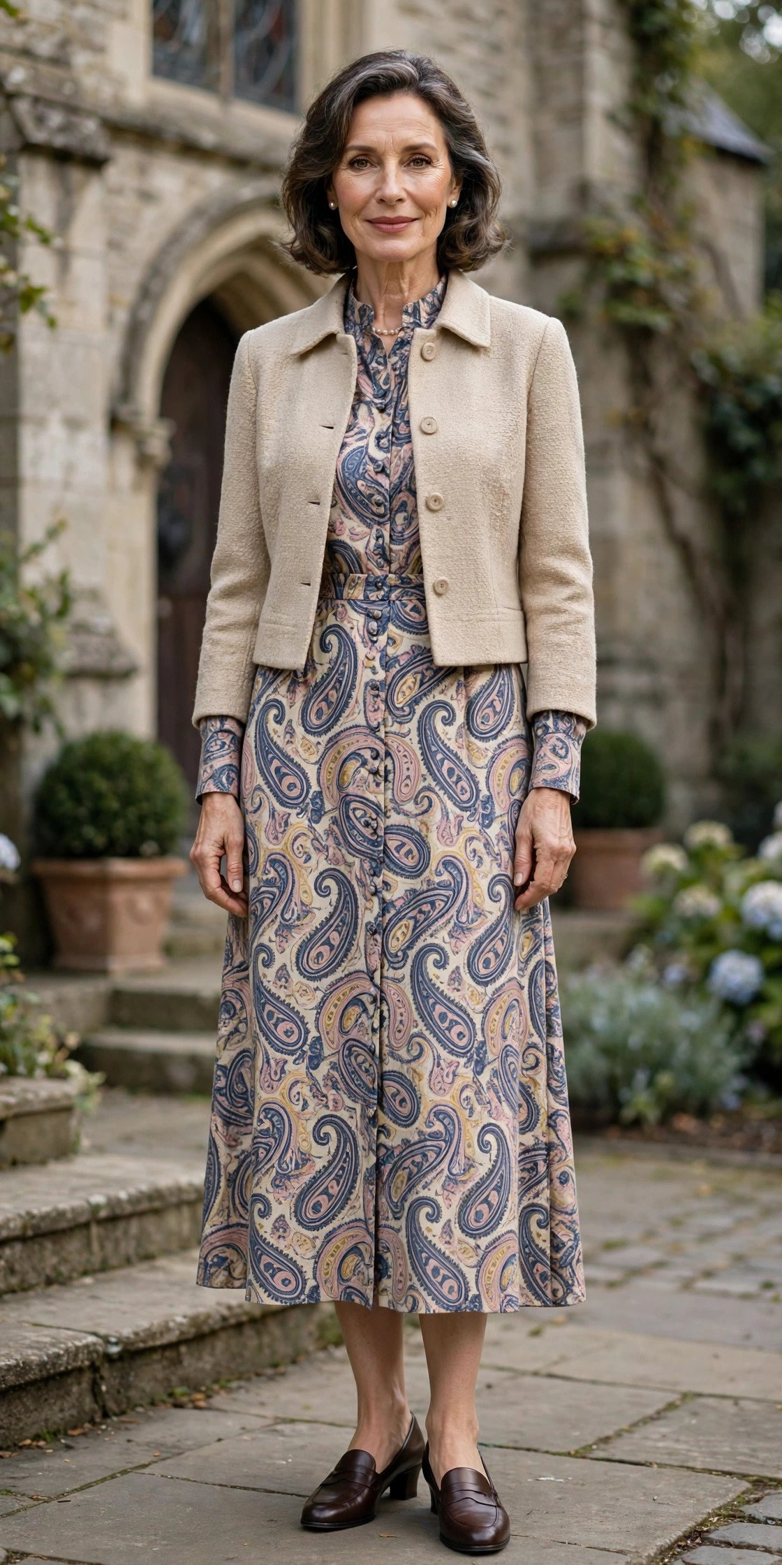 mature woman in a paisley print midi dress