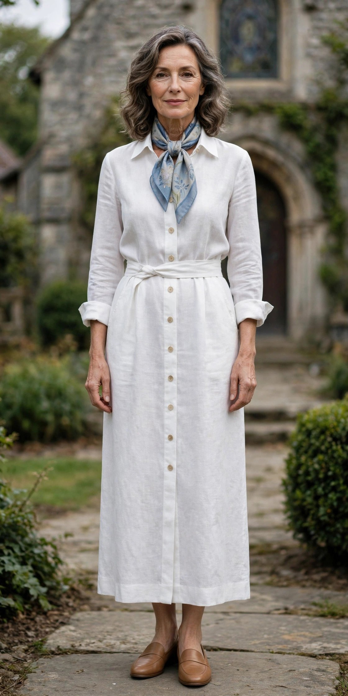 mature woman in a white linen shirt dress