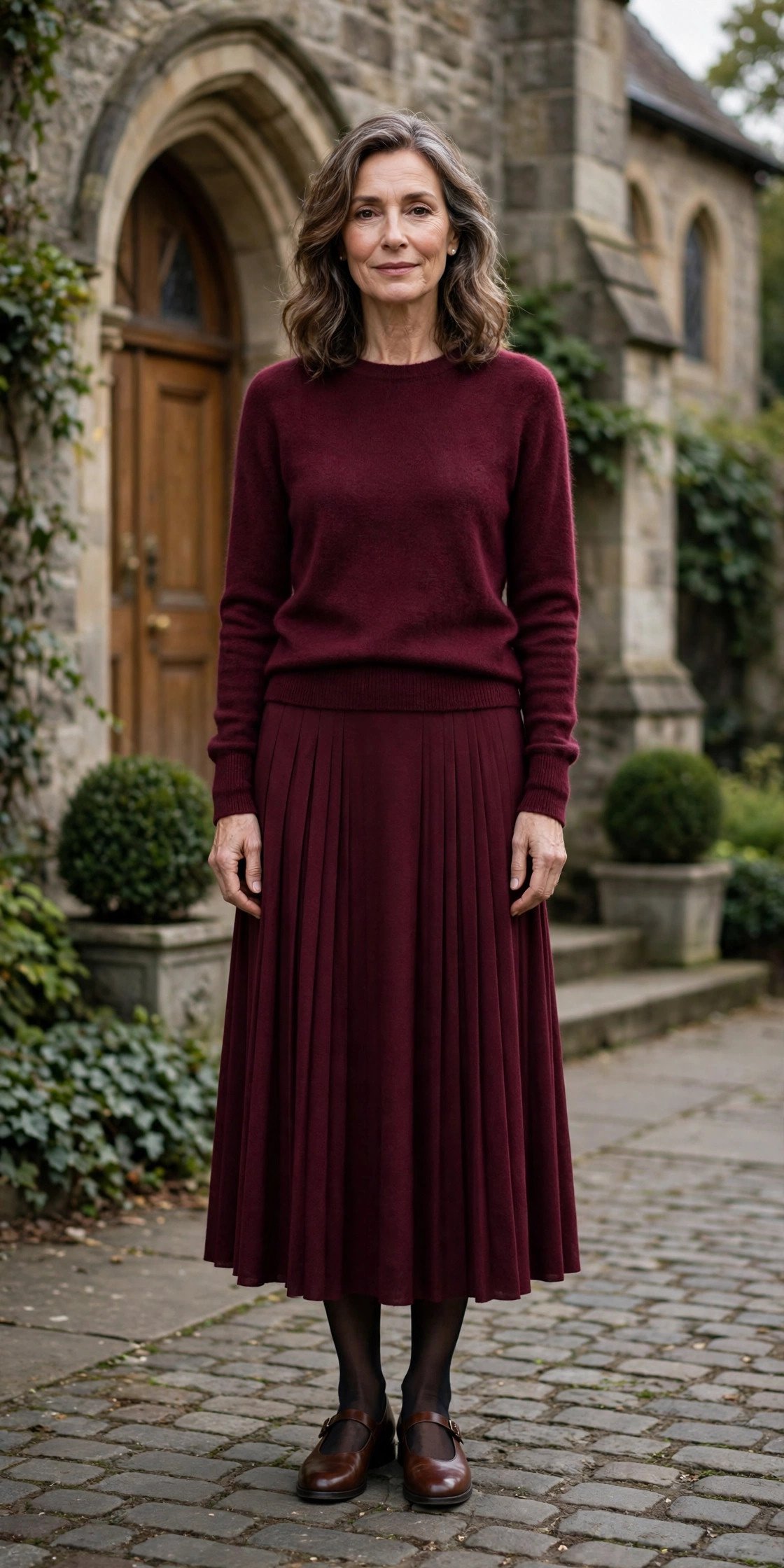 woman in a burgundy cashmere sweater