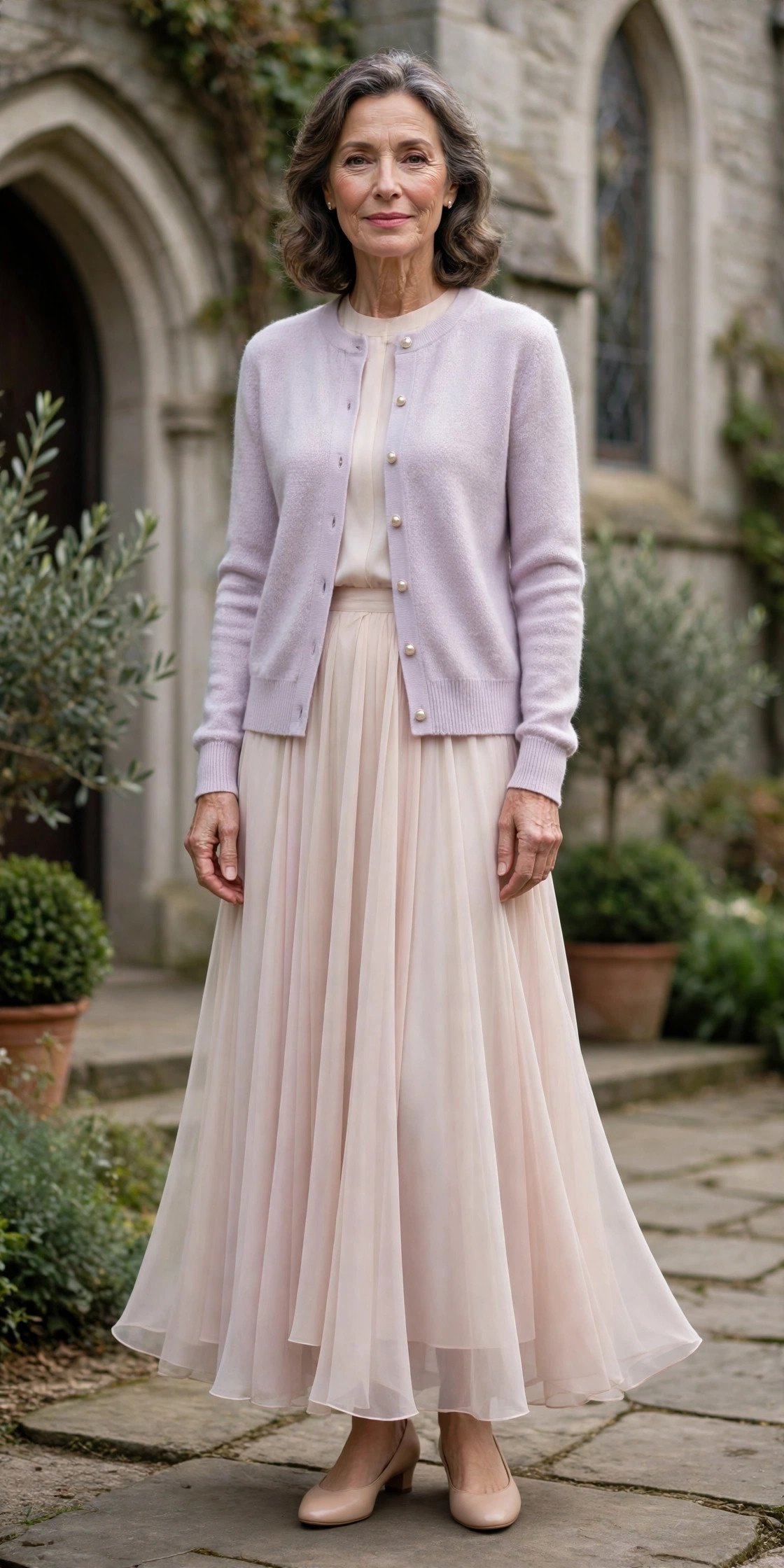 mature woman in a pastel cardigan and flowing skirt