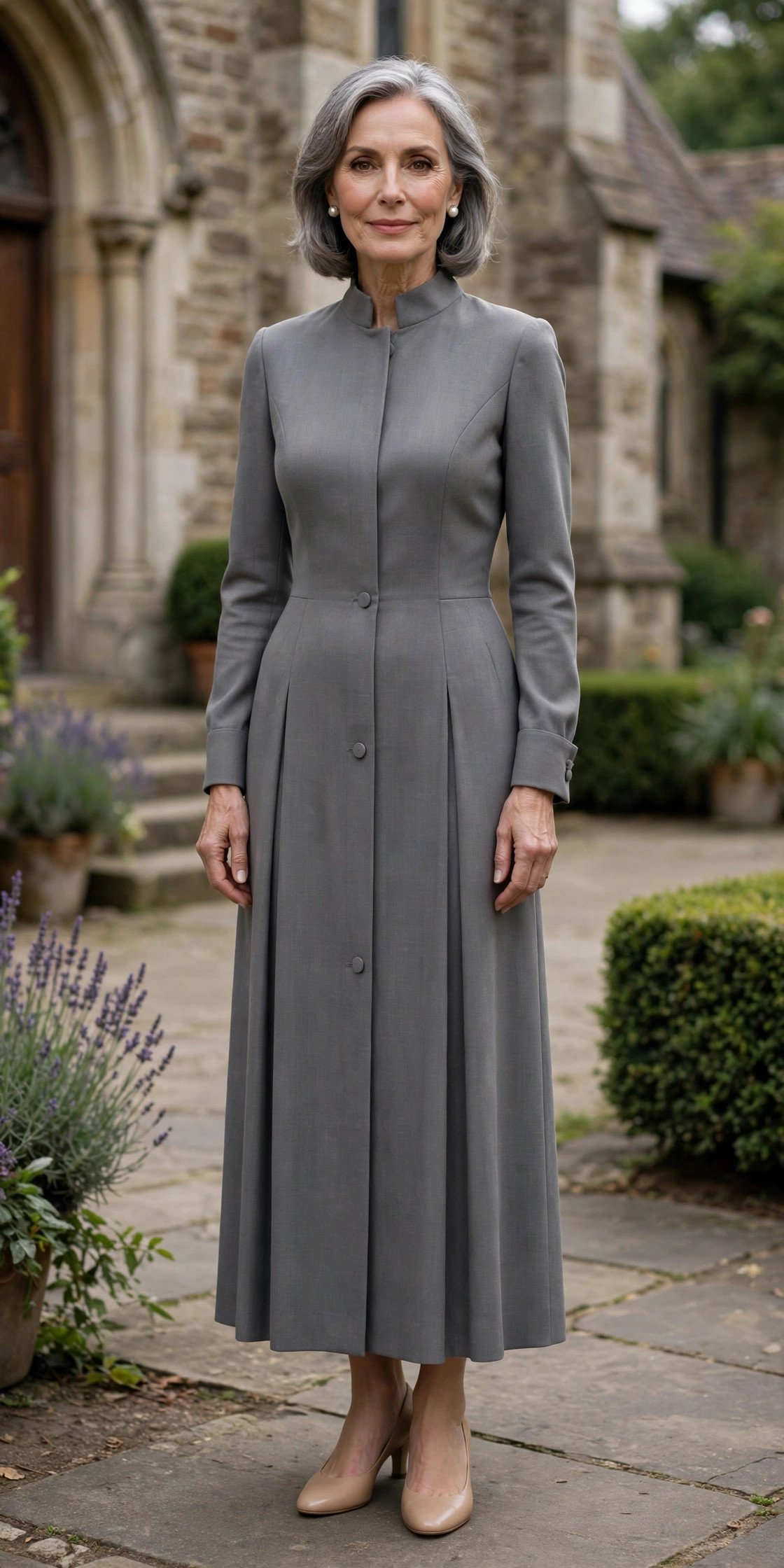 mature woman in a tailored gray dress