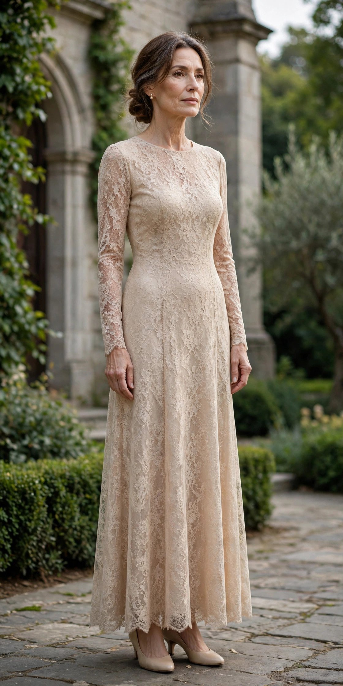 mature woman in a modest champagne lace dress