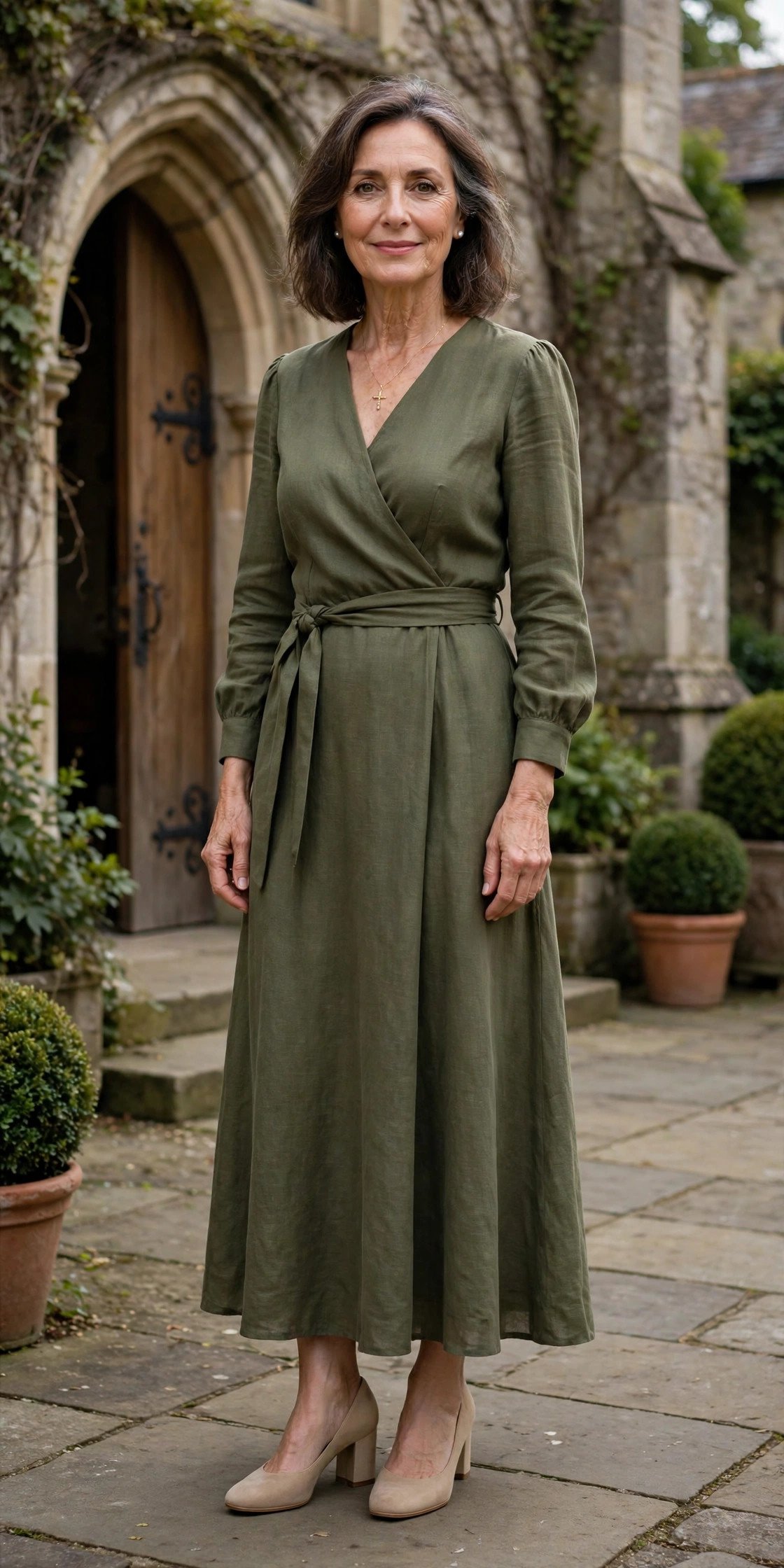 mature woman in an olive wrap dress