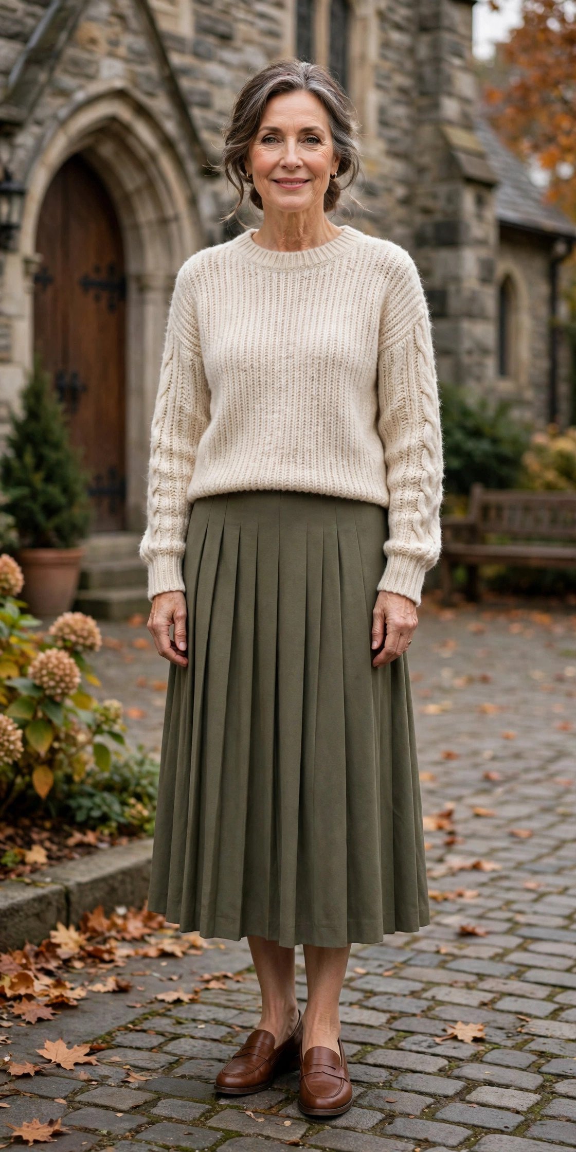 mature woman in a knit sweater and midi skirt with loafers