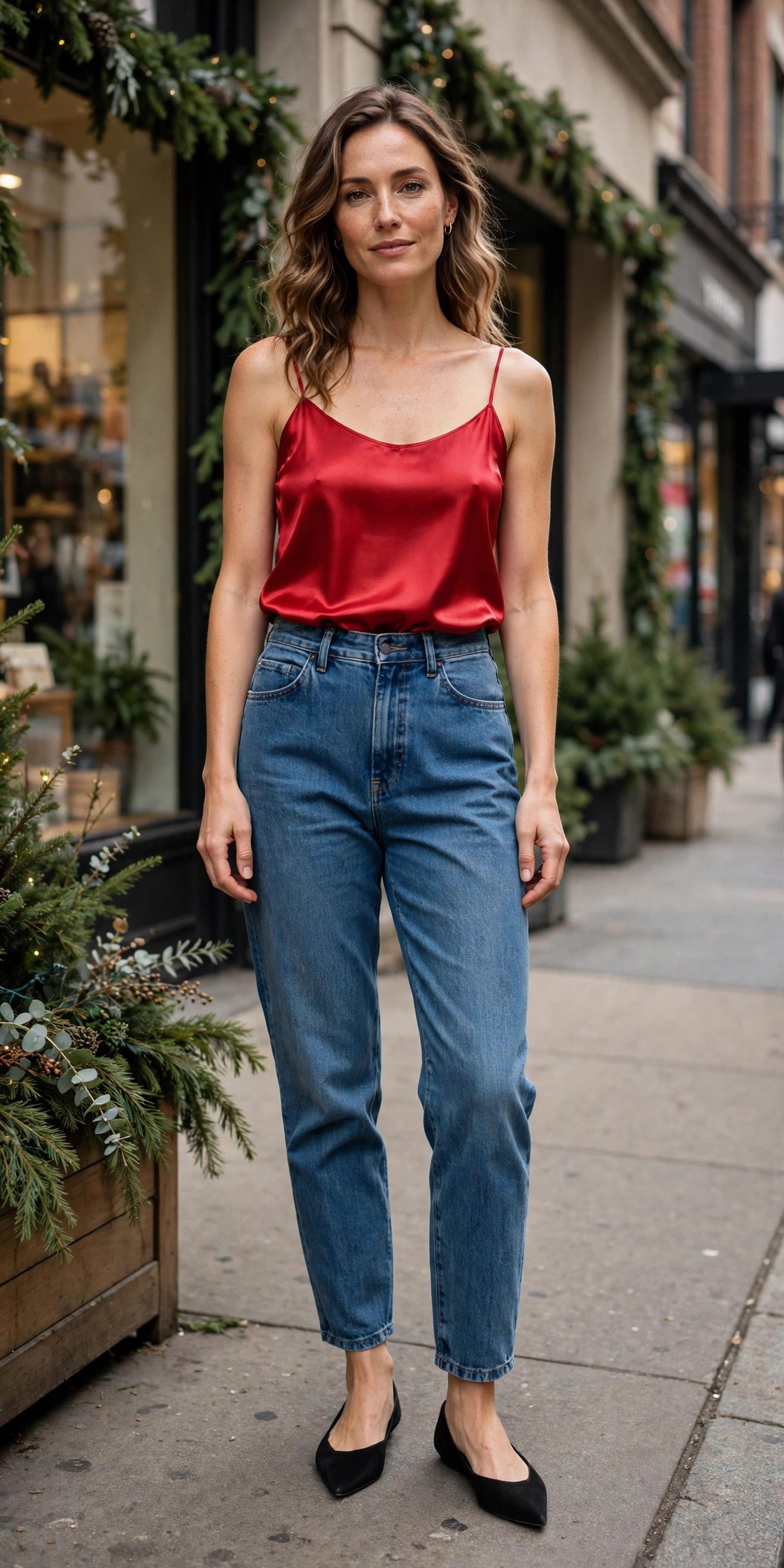 Woman in red satin cami with high-waist mom jeans