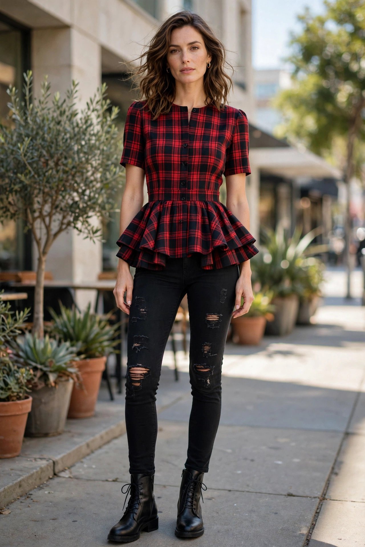 Woman in plaid peplum top with black ripped jeans