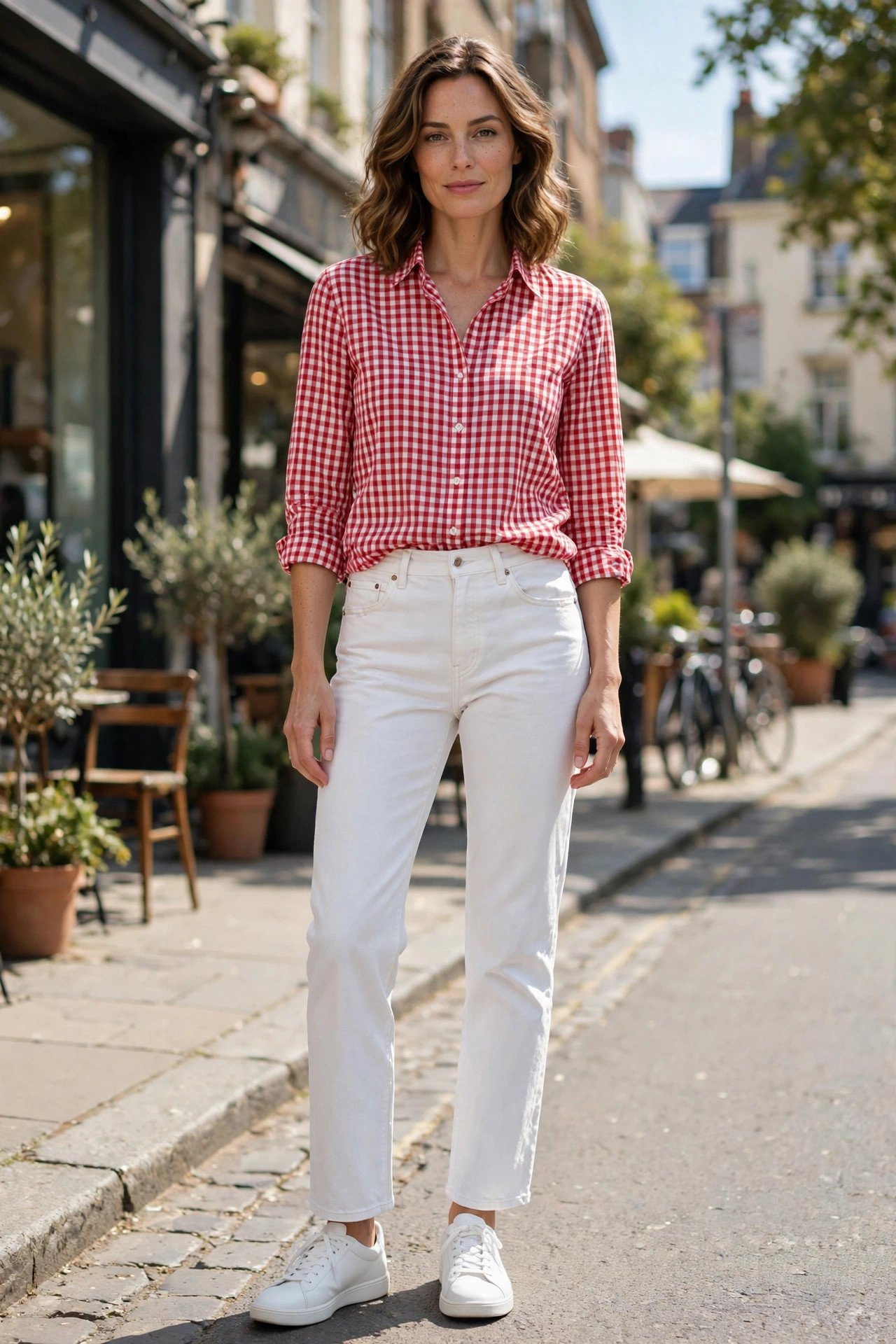 Woman in red gingham shirt with white jeans