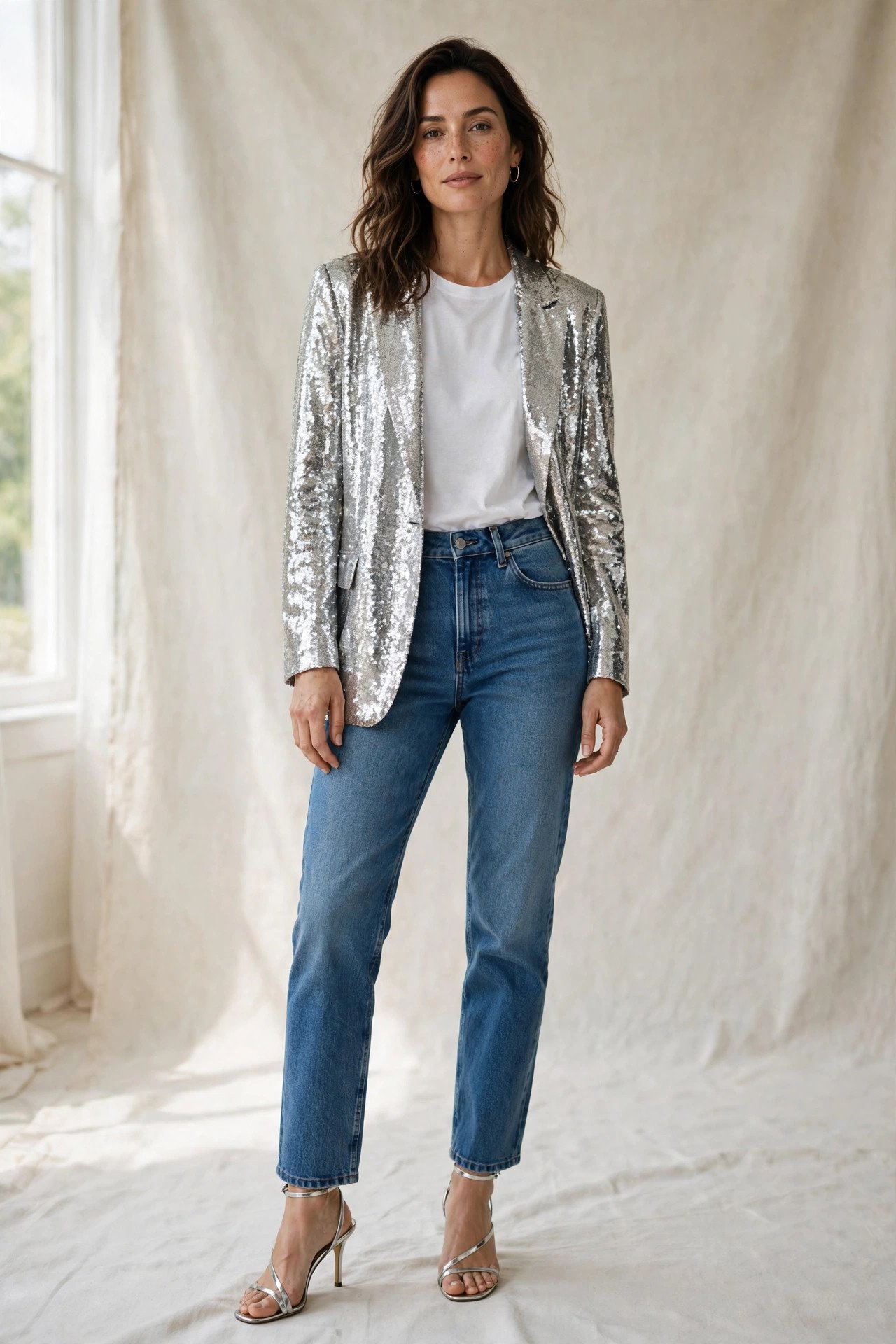 Woman in silver sequin blazer with white tee and jeans