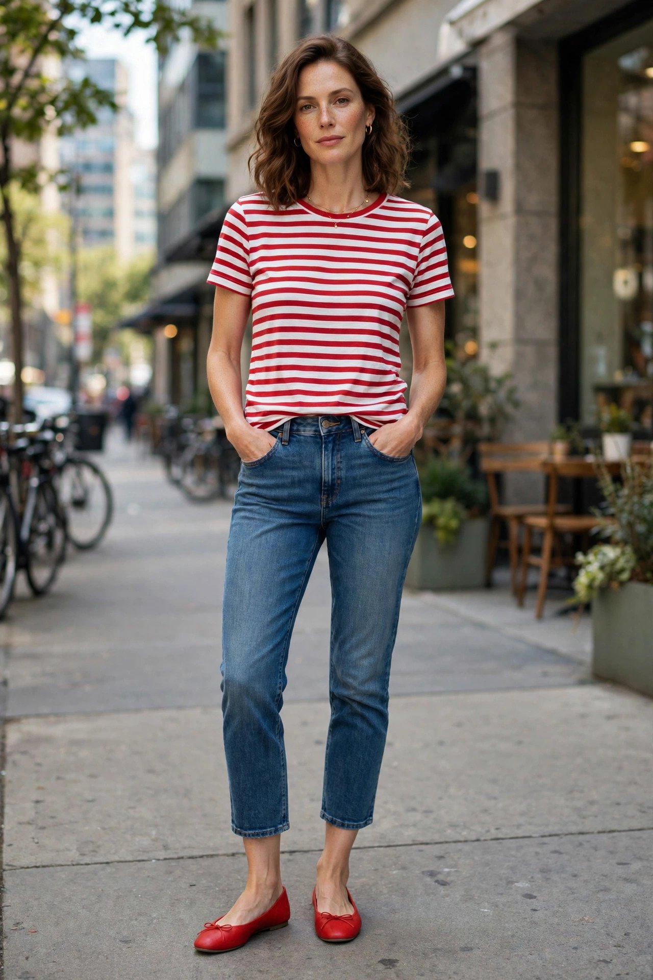 Woman in red ballet flats, striped tee and cropped jeans