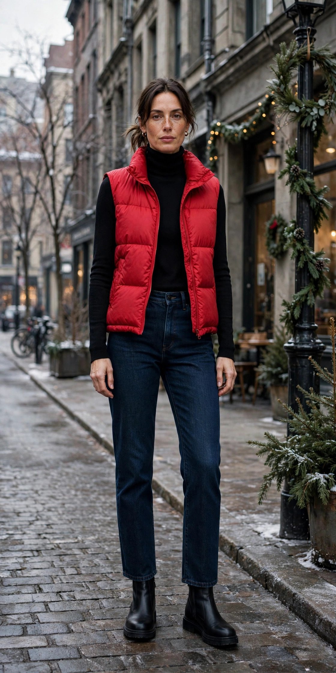 Woman in black turtleneck, red puffer vest and dark jeans