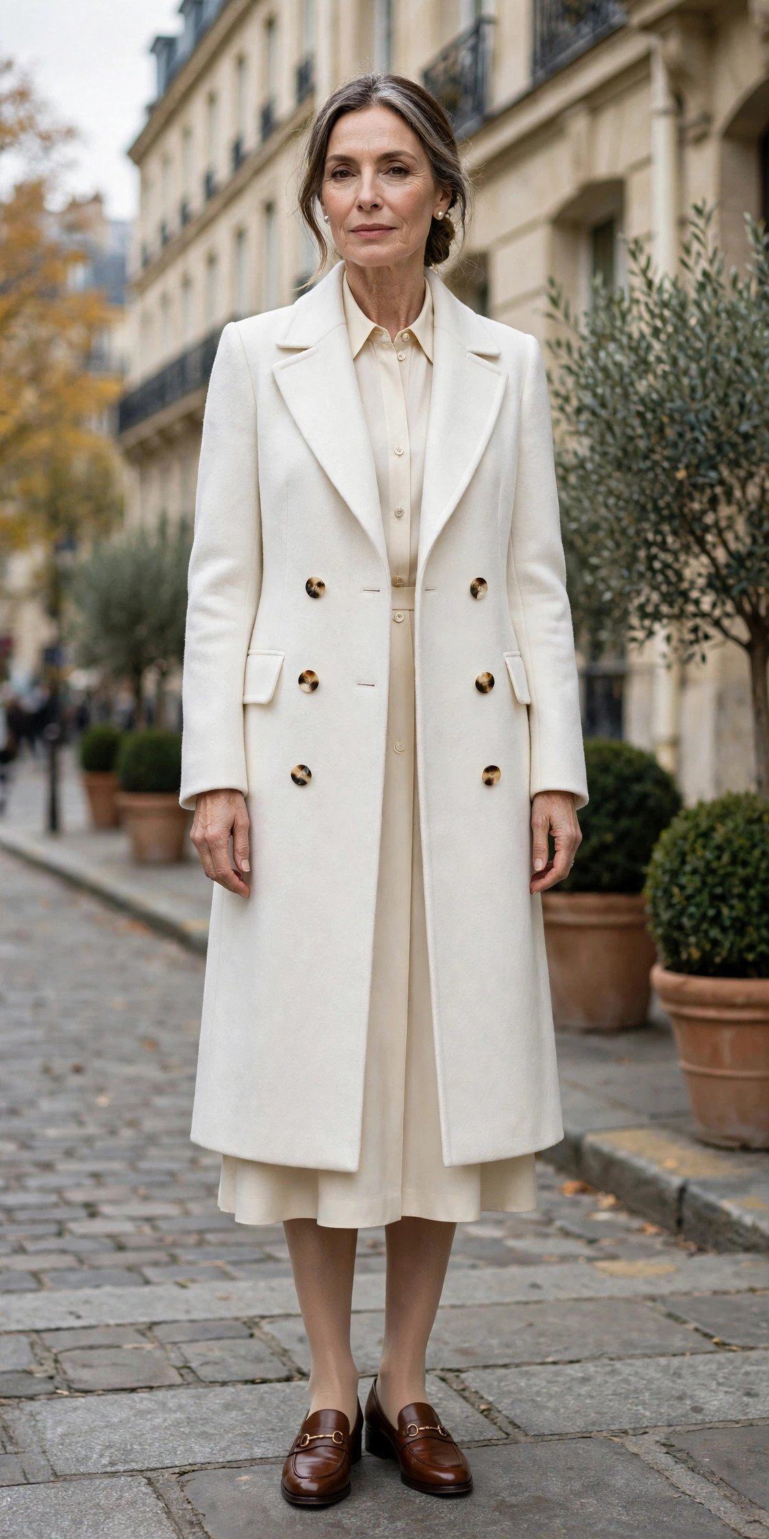 Elegant mature woman in a tailored white coat