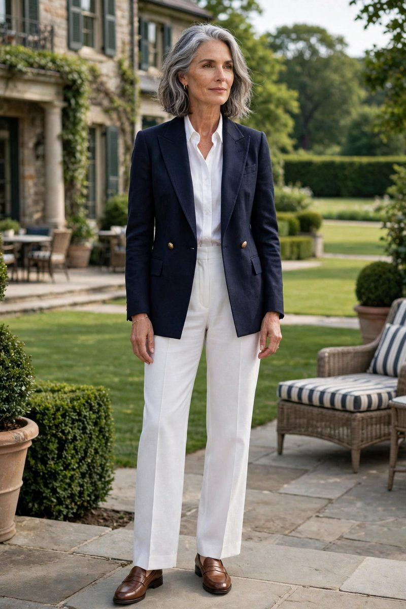 Navy Blazer and White Trousers