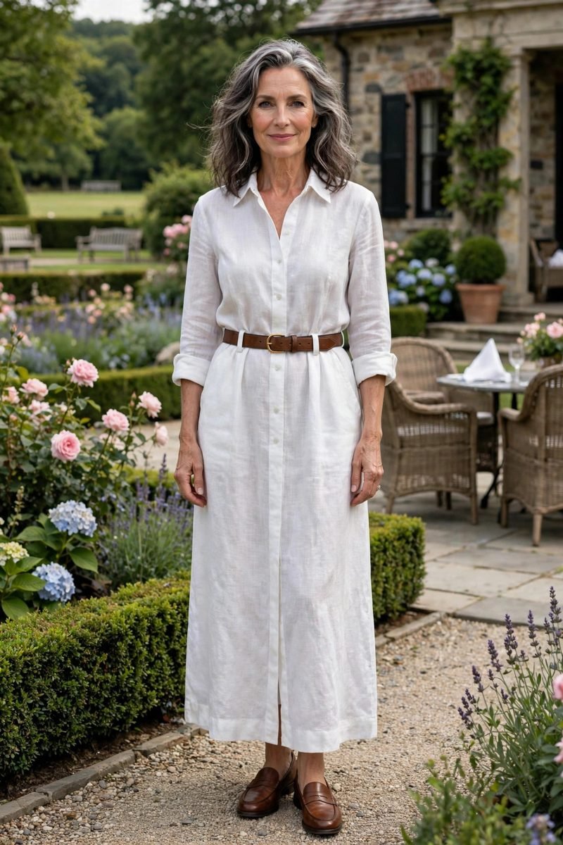 Linen Shirt Dress in White
