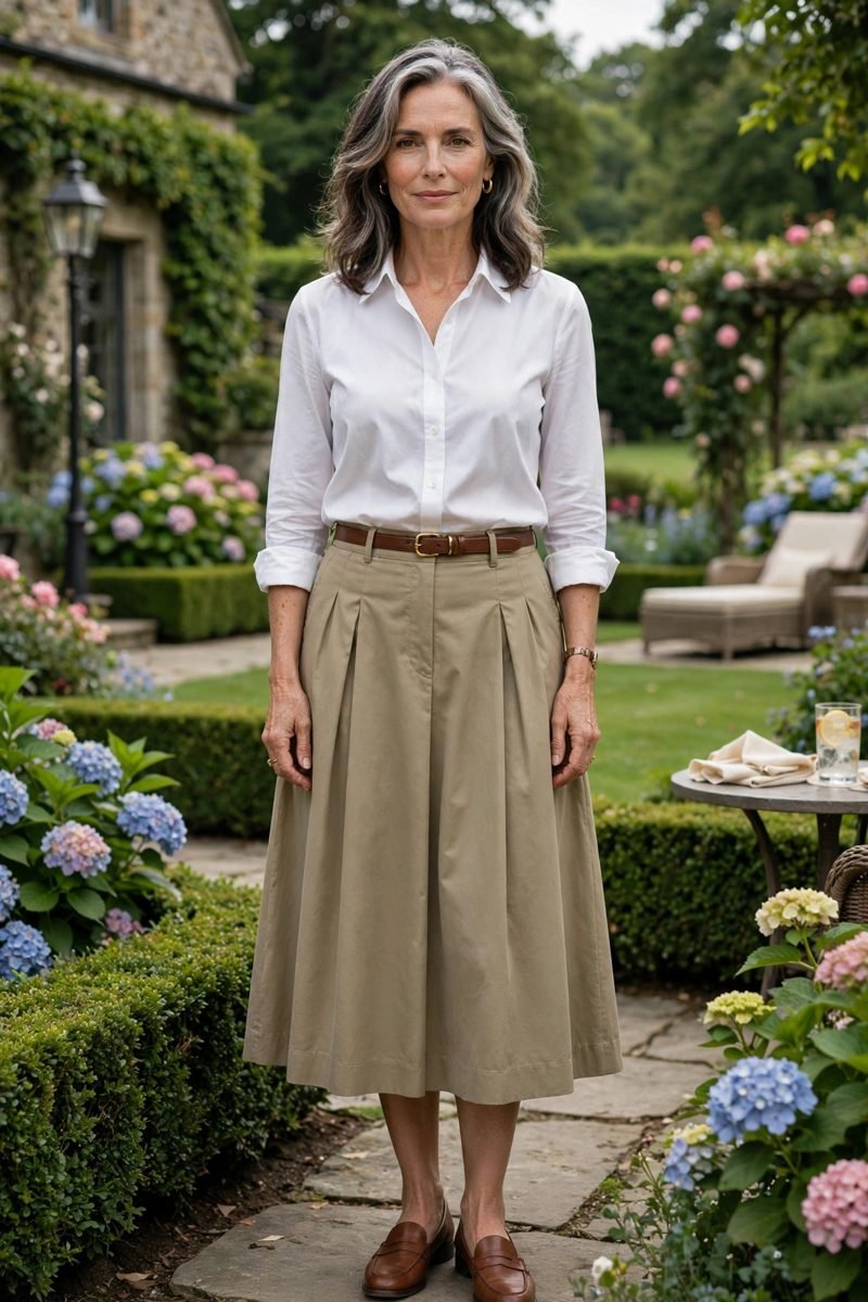 Khaki Midi Skirt and White Blouse