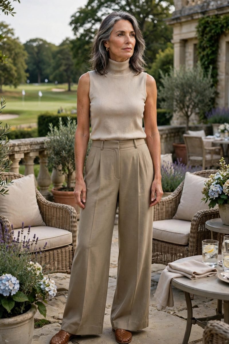 Sleeveless Turtleneck and Wide-Leg Trousers