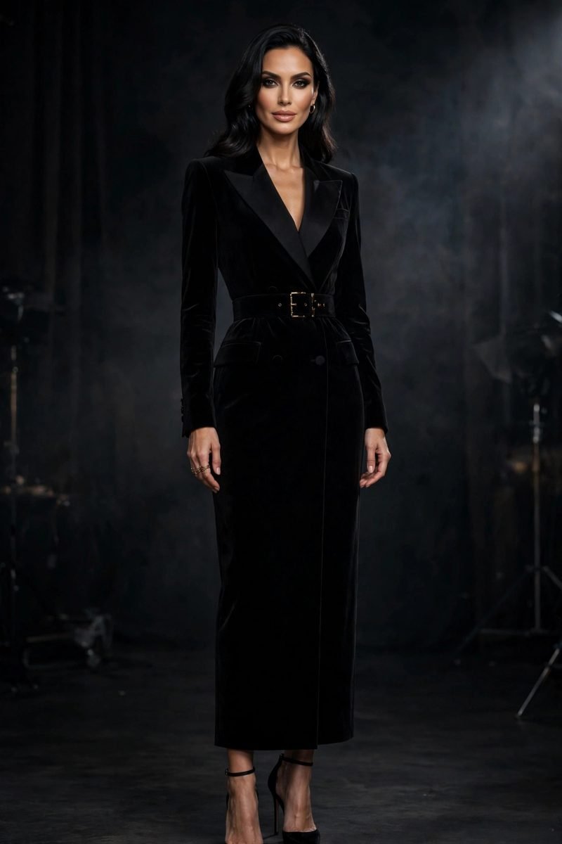 Woman in black velvet blazer dress