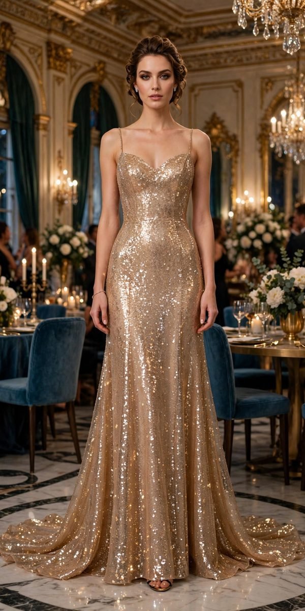 Woman in champagne sequin gown