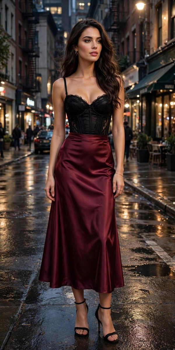 Woman in burgundy satin skirt with black bustier top
