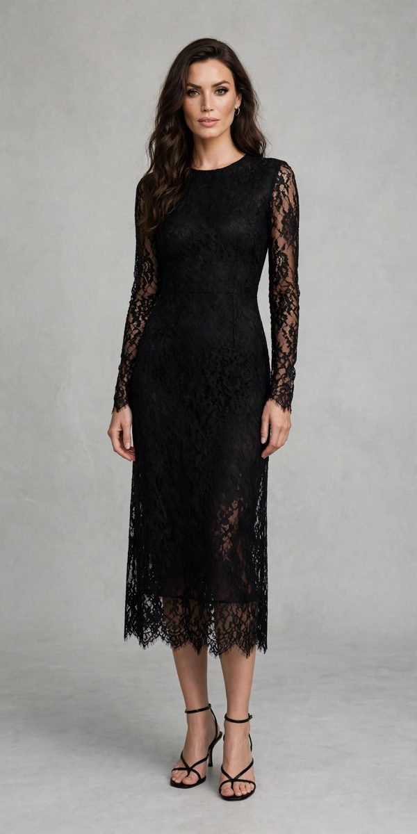 Woman in black lace midi dress