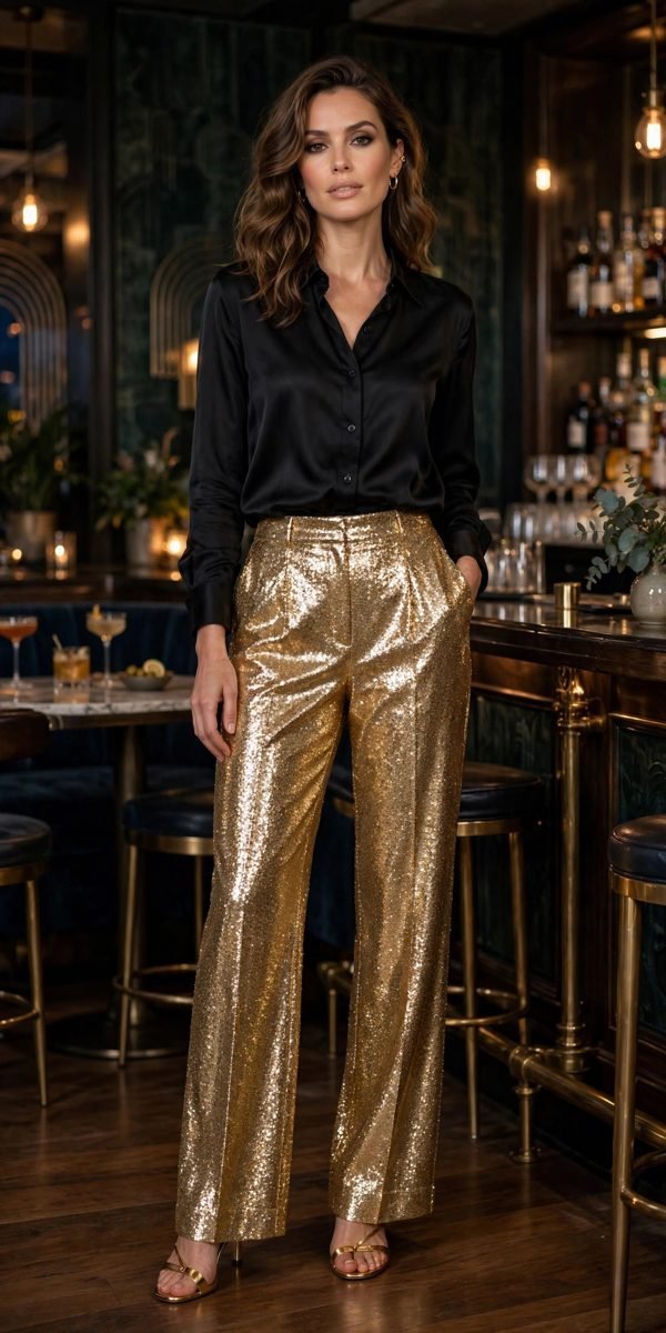 Woman in gold sequin pants with black silk shirt