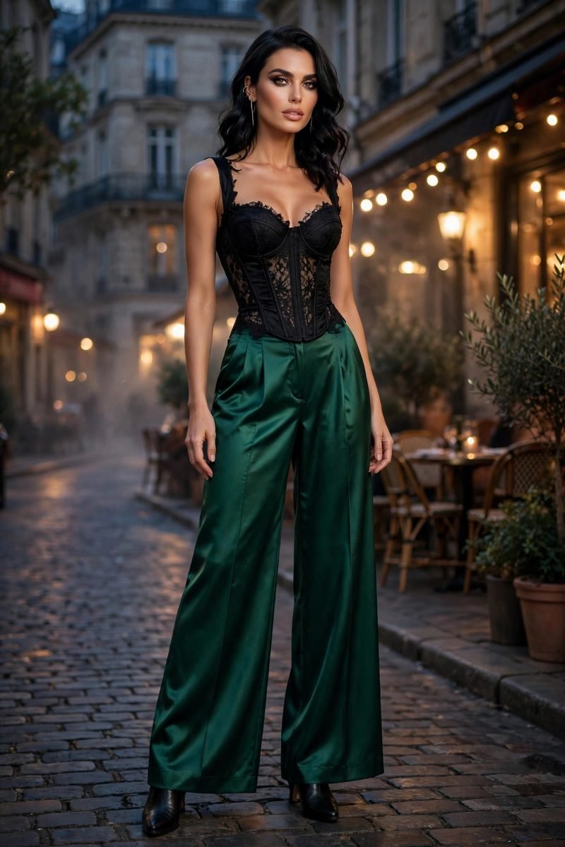 Woman in emerald satin pants with black corset top