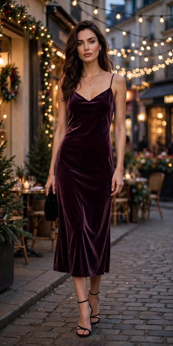 Woman in plum velvet slip dress