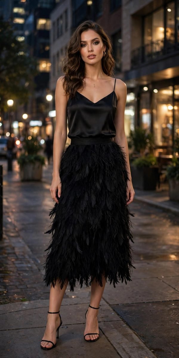 Woman in black feather midi skirt with satin cami