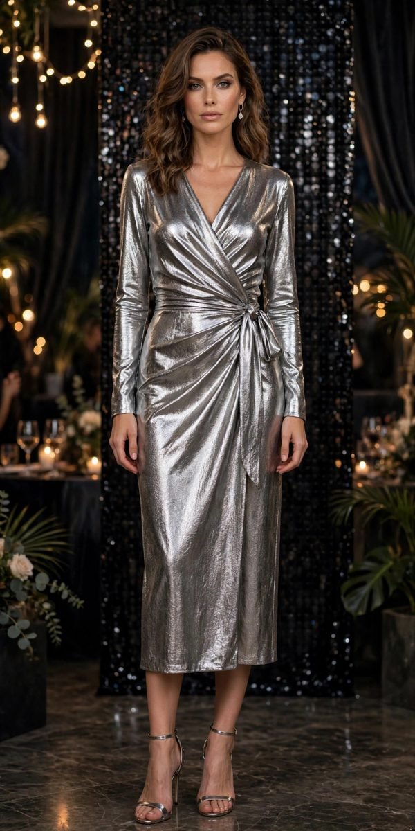 Woman in shimmering metallic silver dressress