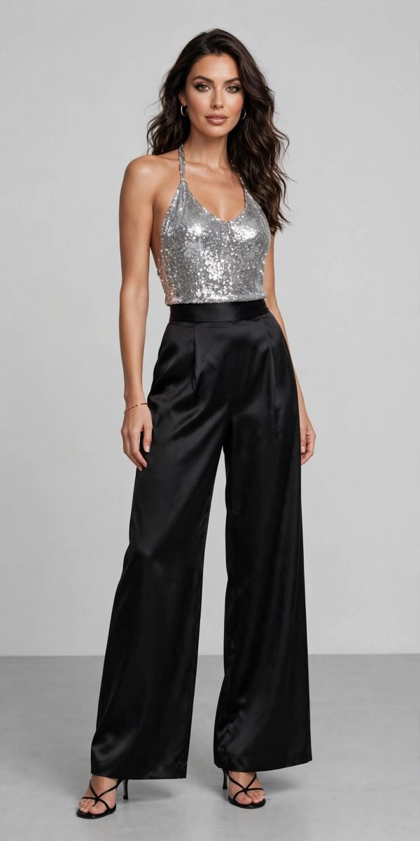 Woman in black satin pants with sequin halter top